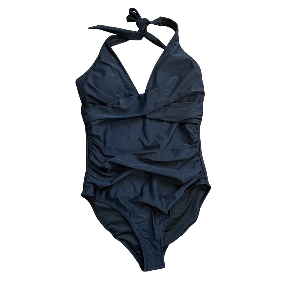 Ruched One Piece Swimsuit Halter Wrap Front Women Large Black NEW